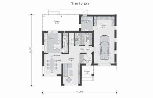 Двухэтажный дом с кухней-столовой, гаражом, тремя спальнями и балконом.